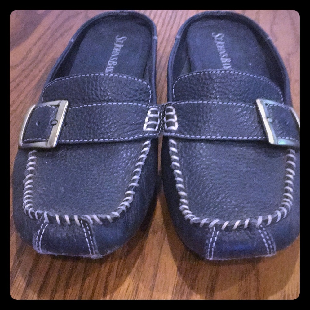 Blue leather slide on shoes